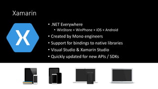 Xamarin
• .NET Everywhere
• WinStore + WinPhone + iOS + Android
• Created by Mono engineers
• Support for bindings to native libraries
• Visual Studio & Xamarin Studio
• Quickly updated for new APIs / SDKs
 