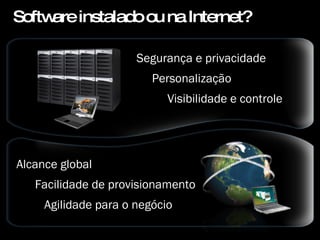 Software instalado ou na Internet? Alcance global Facilidade de provisionamento Agilidade para o negócio Segurança e privacidade Personalização Visibilidade e controle 