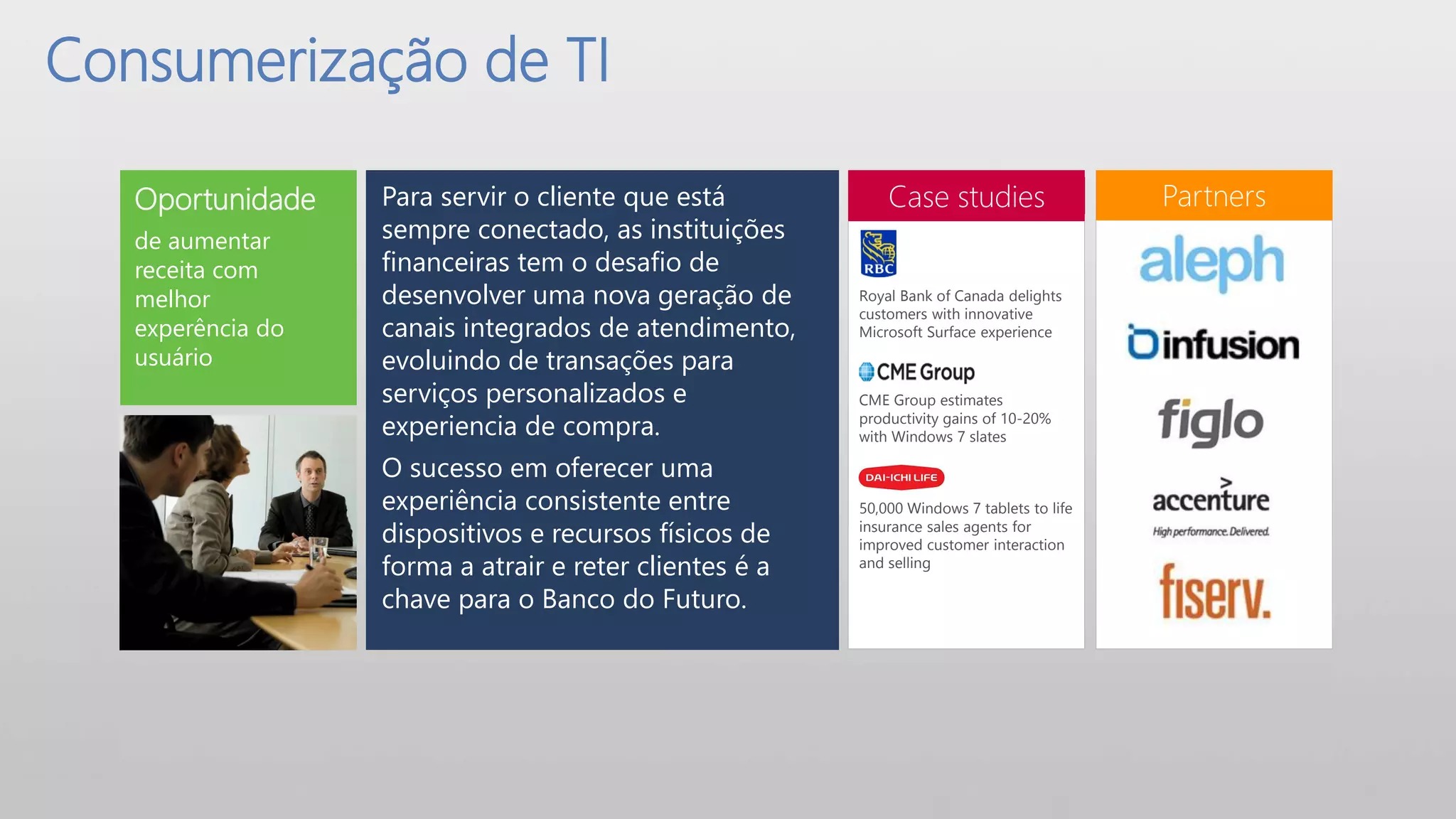 Consumerização de TI

   Oportunidade    Para servir o cliente que está            Case studies                   Partners
   de aumentar     sempre conectado, as instituições
   receita com     financeiras tem o desafio de
   melhor          desenvolver uma nova geração de       Royal Bank of Canada delights
                                                         customers with innovative
   experência do   canais integrados de atendimento,     Microsoft Surface experience
   usuário         evoluindo de transações para
                   serviços personalizados e             CME Group estimates
                   experiencia de compra.                productivity gains of 10-20%
                                                         with Windows 7 slates

                   O sucesso em oferecer uma
                   experiência consistente entre         50,000 Windows 7 tablets to life
                   dispositivos e recursos físicos de    insurance sales agents for
                                                         improved customer interaction
                   forma a atrair e reter clientes é a   and selling

                   chave para o Banco do Futuro.
 