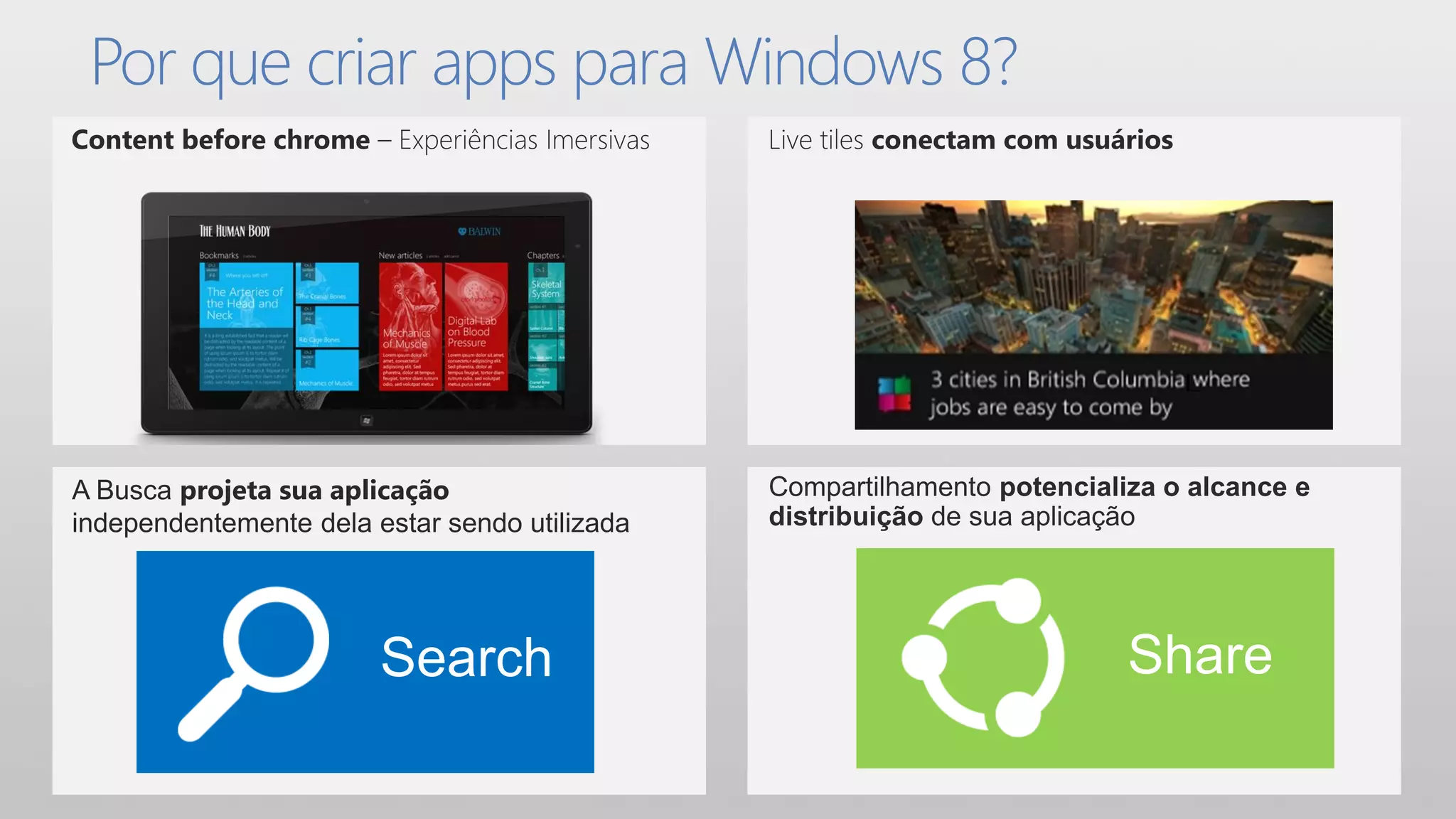 Por que criar apps para Windows 8?




A Busca projeta sua aplicação
independentemente dela estar sendo utilizada
 