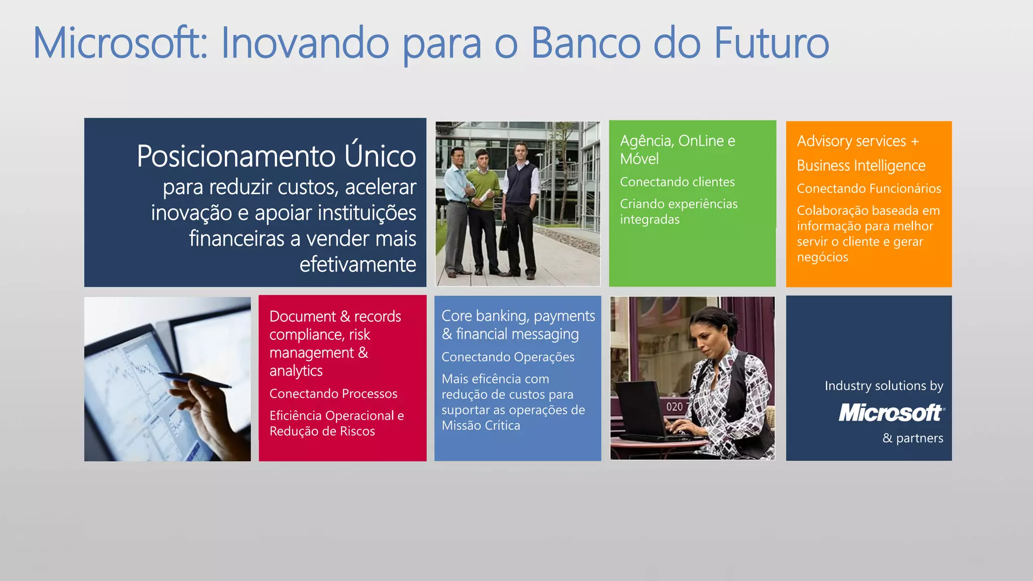 Microsoft: Inovando para o Banco do Futuro

                                                                         Agência, OnLine e      Advisory services +
     Posicionamento Único                                                Móvel                  Business Intelligence
        para reduzir custos, acelerar                                    Conectando clientes
                                                                                                Conectando Funcionários
                                                                         Criando experiências
      inovação e apoiar instituições                                     integradas
                                                                                                Colaboração baseada em
                                                                                                informação para melhor
          financeiras a vender mais                                                             servir o cliente e gerar
                                                                                                negócios
                       efetivamente

                   Document & records         Core banking, payments
                   compliance, risk           & financial messaging
                   management &               Conectando Operações
                   analytics
                                              Mais eficência com
                                                                                                    Industry solutions by
                   Conectando Processos       redução de custos para
                   Eficiência Operacional e   suportar as operações de
                   Redução de Riscos          Missão Crítica
                                                                                                              & partners
 