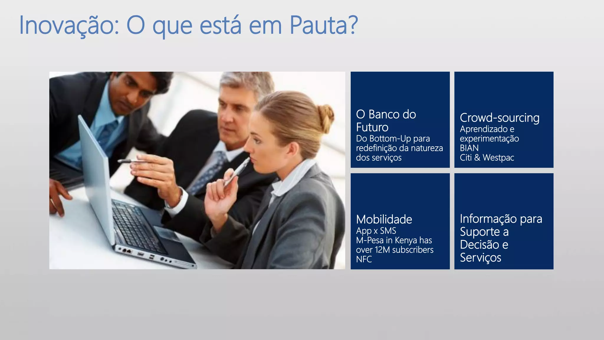 Inovação: O que está em Pauta?


                             O Banco do                Crowd-sourcing
                             Futuro                    Aprendizado e
                             Do Bottom-Up para         experimentação
                             redefinição da natureza   BIAN
                             dos serviços              Citi & Westpac




                             Mobilidade                Informação para
                             App x SMS                 Suporte a
                             M-Pesa in Kenya has
                             over 12M subscribers      Decisão e
                             NFC                       Serviços
 