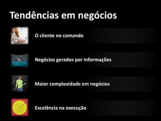 Tendências em negócios
     O cliente no comando



     Negócios gerados por informações



     Maior complexidade em negócios



     Excelência na execução
 