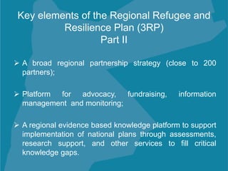 Key elements of the Regional Refugee and
Resilience Plan (3RP)
Part II
 A broad regional partnership strategy (close to 200
partners);
 Platform for advocacy, fundraising, information
management and monitoring;
 A regional evidence based knowledge platform to support
implementation of national plans through assessments,
research support, and other services to fill critical
knowledge gaps.
 
