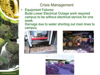 Crisis Management
• Equipment Failures
  Buda Lower Electrical Outage work required
  campus to be without electrical service for one
  week.
  Damage due to water shorting out main lines to
  campus.
 