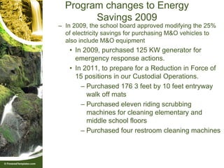 Program changes to Energy
        Savings 2009
– In 2009, the school board approved modifying the 25%
  of electricity savings for purchasing M&O vehicles to
  also include M&O equipment
   • In 2009, purchased 125 KW generator for
     emergency response actions.
   • In 2011, to prepare for a Reduction in Force of
     15 positions in our Custodial Operations.
       – Purchased 176 3 feet by 10 feet entryway
         walk off mats
       – Purchased eleven riding scrubbing
         machines for cleaning elementary and
         middle school floors
       – Purchased four restroom cleaning machines
 