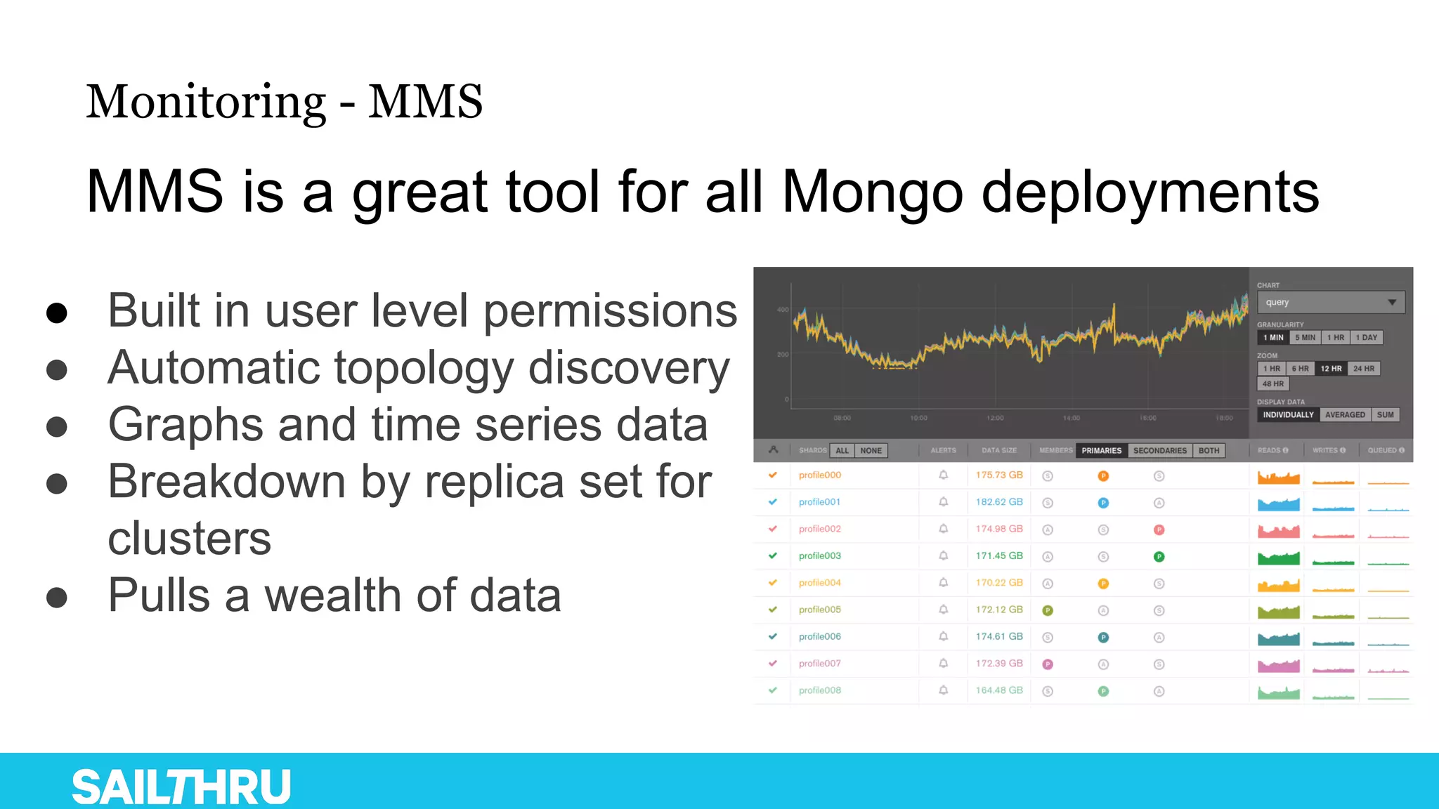 Monitoring - MMS
MMS is a great tool for all Mongo deployments
● Built in user level permissions
● Automatic topology discovery
● Graphs and time series data
● Breakdown by replica set for
clusters
● Pulls a wealth of data
 