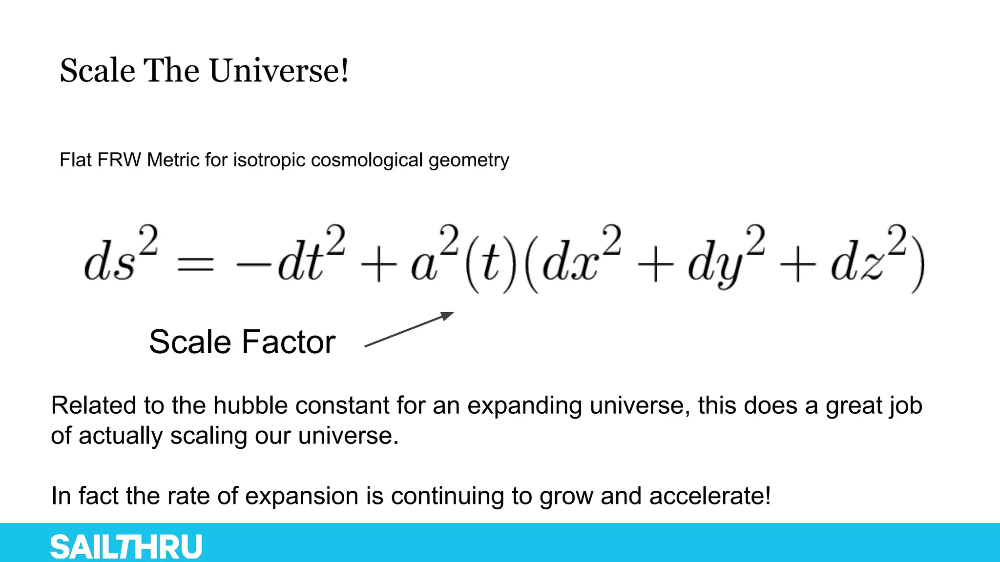 Scale The Universe!
Flat FRW Metric for isotropic cosmological geometry
Scale Factor
Related to the hubble constant for an expanding universe, this does a great job
of actually scaling our universe.
In fact the rate of expansion is continuing to grow and accelerate!
 