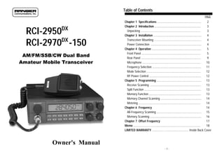 Table of Contents
PAGE

DX

RCI-2950
DX
RCI-2970 -150
AM/FM/SSB/CW Dual Band
Amateur Mobile Transceiver

Chapter 1 Specifications .......................................................
2
Chapter 2 Introduction ..........................................................
3
Unpacking ...........................................................................
3
Chapter 3 Installation ............................................................
4
Transceiver Mounting ...........................................................
4
Power Connection ...............................................................
4
Chapter 4 Operation ..............................................................
5
Front Panel ..........................................................................
5
Rear Panel ...........................................................................
9
Microphone .........................................................................
10
Frequency Selection .............................................................
11
Mode Selection ....................................................................
12
RF Power Control .................................................................
12
Chapter 5 Programming ........................................................
13
Receive Scanning ...............................................................
13
Split Function .......................................................................
13
Memory Function .................................................................
13
Memory Channel Scanning ...................................................
14
Metering ..............................................................................
14
Chapter 6 Frequency
14
S All-Frequency Scanning ........................................................
i
15
Memory Scanning ................................................................
16
Chapter 7 Offset Frequency
17
O
Memo i....................................................................................
18
LIMITED WARRANTY .............…............................. Inside Back Cover

Owner's Manual
-1-

 