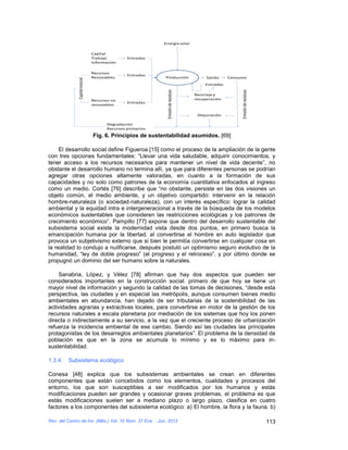 Energía solar

                                Capital
                                Trabajo         Entradas
                                Información

                                Recursos
                                                Entradas
                                Renovables                  Producción                  Salida    Consumo
              Capital natural
                                                                                       Entradas




                                                             Emisión de residuos




                                                                                                       Emisión de residuos
                                                                                   Reciclaje y
                                Recursos no                                        recuperación
                                                Entradas
                                renovables

                                                                                    Depuración

                                       Degradación
                                       Recursos primarios

                                Fig. 6. Principios de sustentabilidad asumidos. [69]

     El desarrollo social define Figueroa [15] como el proceso de la ampliación de la gente
con tres opciones fundamentales: “Llevar una vida saludable, adquirir conocimientos, y
tener acceso a los recursos necesarios para mantener un nivel de vida decente”, no
obstante el desarrollo humano no termina allí, ya que para diferentes personas se podrían
agregar otras opciones altamente valoradas, en cuanto a la formación de sus
capacidades y no solo como patrones de la economía cuantitativa enfocados al ingreso
como un medio. Cortés [76] describe que “no obstante, persiste en las dos visiones un
objeto común, el medio ambiente, y un objetivo compartido: intervenir en la relación
hombre-naturaleza (o sociedad-naturaleza), con un interés específico: lograr la calidad
ambiental y la equidad intra e intergeneracional a través de la búsqueda de los modelos
económicos sustentables que consideren las restricciones ecológicas y los patrones de
crecimiento económico”. Pampillo [77] expone que dentro del desarrollo sustentable del
subsistema social existe la modernidad vista desde dos puntos, en primero busca la
emancipación humana por la libertad, al convertirse el hombre en auto legislador que
provoca un subjetivismo externo que si bien le permitía convertirse en cualquier cosa en
la realidad lo condujo a nulificarse, después postuló un optimismo seguro evolutivo de la
humanidad, “ley de doble progreso” (el progreso y el retroceso”, y por último donde se
propugnó un dominio del ser humano sobre la naturales.

    Sanabria, López, y Vélez [78] afirman que hay dos aspectos que pueden ser
considerados importantes en la construcción social: primero de que hoy se tiene un
mayor nivel de información y segundo la calidad de las tomas de decisiones, “desde esta
perspectiva, las ciudades y en especial las metrópolis, aunque consumen bienes medio
ambientales en abundancia, han dejado de ser tributarias de la sostenibilidad de las
actividades agrarias y extractivas locales, para convertirse en motor de la gestión de los
recursos naturales a escala planetaria por mediación de los sistemas que hoy los ponen
directa o indirectamente a su servicio, a la vez que el creciente proceso de urbanización
refuerza la incidencia ambiental de ese cambio. Siendo así las ciudades las principales
protagonistas de los desarreglos ambientales planetarios”. El problema de la densidad de
población es que en la zona se acumula lo mínimo y es lo máximo para in-
sustentabilidad.

1.3.4.   Subsistema ecológico

Conesa [48] explica que los subsistemas ambientales se crean en diferentes
componentes que están concebidos como los elementos, cualidades y procesos del
entorno, los que son susceptibles a ser modificados por los humanos y estás
modificaciones pueden ser grandes y ocasionar graves problemas, el problema es que
estás modificaciones suelen ser a mediano plazo o largo plazo, clasifica en cuatro
factores a los componentes del subsistema ecológico: a) El hombre, la flora y la fauna. b)

Rev. del Centro de Inv. (Méx.) Vol. 10 Núm. 37 Ene. - Jun. 2012                                                              113
 