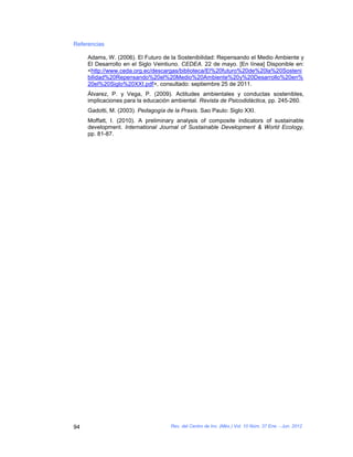Referencias

     Adams, W. (2006). El Futuro de la Sostenibilidad: Repensando el Medio Ambiente y
     El Desarrollo en el Siglo Veintiuno. CEDEA. 22 de mayo. [En línea] Disponible en:
     <http://www.ceda.org.ec/descargas/biblioteca/El%20futuro%20de%20la%20Sosteni
     bilidad%20Repensando%20el%20Medio%20Ambiente%20y%20Desarrollo%20en%
     20el%20Siglo%20XXI.pdf>, consultado: septiembre 25 de 2011.
     Álvarez, P. y Vega, P. (2009). Actitudes ambientales y conductas sostenibles,
     implicaciones para la educación ambiental. Revista de Psicodidáctica, pp. 245-260.
     Gadotti, M. (2003). Pedagogía de la Praxis. Sao Paulo: Siglo XXI.
     Moffatt, I. (2010). A preliminary analysis of composite indicators of sustainable
     development. International Journal of Sustainable Development & World Ecology,
     pp. 81-87.




94                                   Rev. del Centro de Inv. (Méx.) Vol. 10 Núm. 37 Ene. - Jun. 2012
 