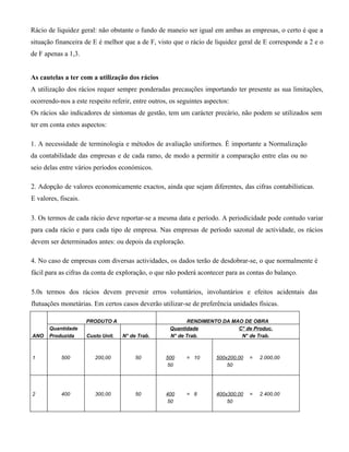 Rácio de liquidez geral: não obstante o fundo de maneio ser igual em ambas as empresas, o certo é que a
situação financeira de E é melhor que a de F, visto que o rácio de liquidez geral de E corresponde a 2 e o
de F apenas a 1,3.


As cautelas a ter com a utilização dos rácios
A utilização dos rácios requer sempre ponderadas precauções importando ter presente as sua limitações,
ocorrendo-nos a este respeito referir, entre outros, os seguintes aspectos:
Os rácios são indicadores de sintomas de gestão, tem um carácter precário, não podem se utilizados sem
ter em conta estes aspectos:

1. A necessidade de terminologia e métodos de avaliação uniformes. É importante a Normalização
da contabilidade das empresas e de cada ramo, de modo a permitir a comparação entre elas ou no
seio delas entre vários períodos económicos.

2. Adopção de valores economicamente exactos, ainda que sejam diferentes, das cifras contabilísticas.
E valores, fiscais.

3. Os termos de cada rácio deve reportar-se a mesma data e período. A periodicidade pode contudo variar
para cada rácio e para cada tipo de empresa. Nas empresas de período sazonal de actividade, os rácios
devem ser determinados antes: ou depois da exploração.

4. No caso de empresas com diversas actividades, os dados terão de desdobrar-se, o que normalmente é
fácil para as cifras da conta de exploração, o que não poderá acontecer para as contas do balanço.

5.0s termos dos rácios devem prevenir erros voluntários, involuntários e efeitos acidentais das
flutuações monetárias. Em certos casos deverão utilizar-se de preferência unidades físicas.

                      PRODUTO A                           RENDIMENTO DA MAO DE OBRA
       Quantidade                                   Quantidade            C° de Produc.
ANO    Produzida      Custo Unit.   N° de Trab.     N° de Trab.            N° de Trab.



1          500           200,00          50        500    = 10        500x200,00   =   2.000,00
                                                   50                     50




2          400           300,00          50        400    = 8         400x300,00   =   2.400,00
                                                   50                     50
 