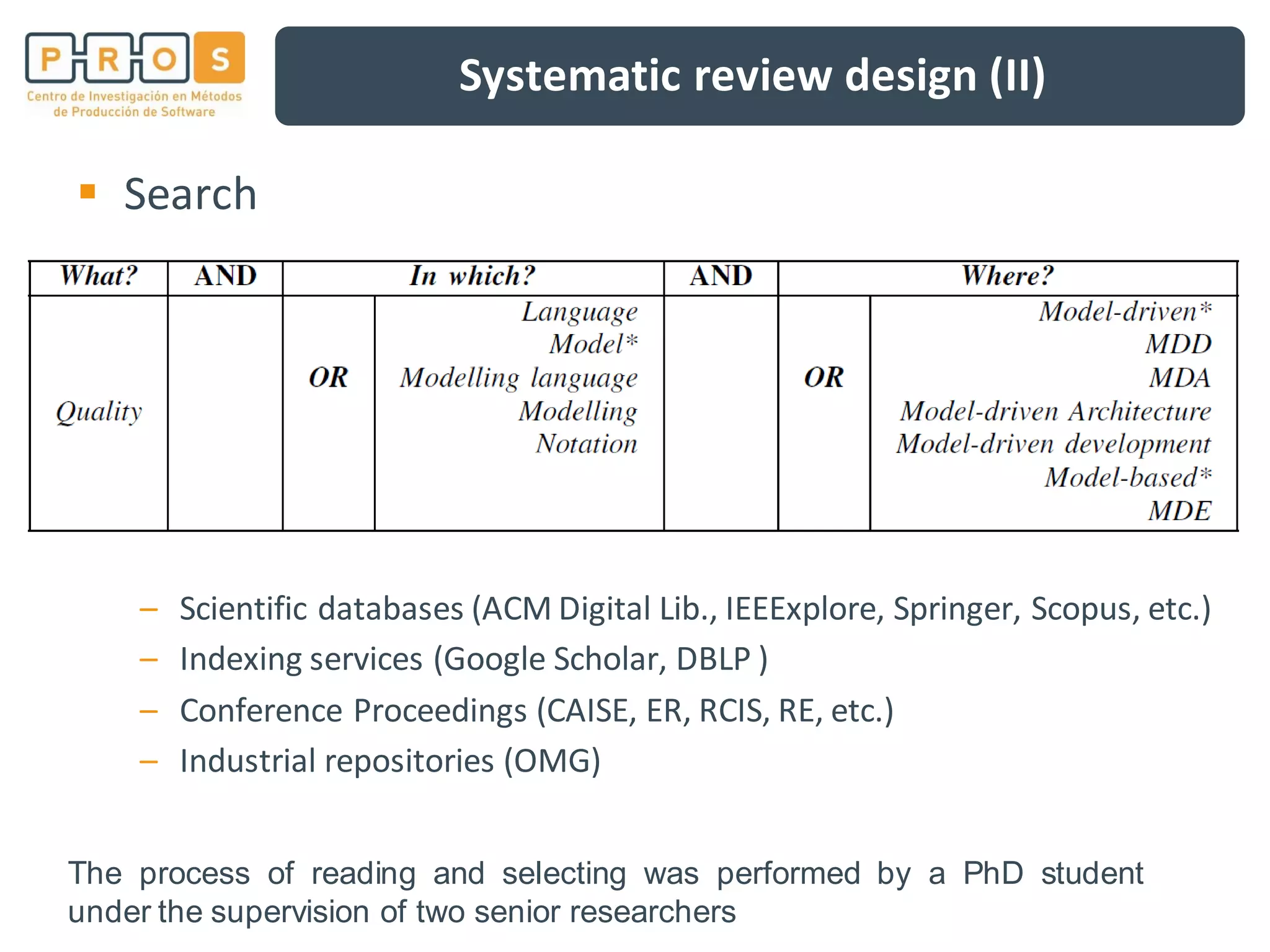 Systematic review design (II)
Search
– Scientific databases (ACM Digital Lib., IEEExplore, Springer, Scopus, etc.)
– Indexing services (Google Scholar, DBLP )
– Conference Proceedings (CAISE, ER, RCIS, RE, etc.)
– Industrial repositories (OMG)
The process of reading and selecting was performed by a PhD student
under the supervision of two senior researchers
