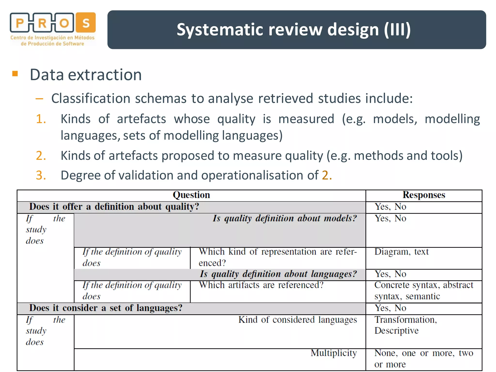 Systematic review design (III)
Data extraction
– Classification schemas to analyse retrieved studies include:
1. Kinds of artefacts whose quality is measured (e.g. models, modelling
languages, sets of modelling languages)
2. Kinds of artefacts proposed to measure quality (e.g. methods and tools)
3. Degree of validation and operationalisation of 2.