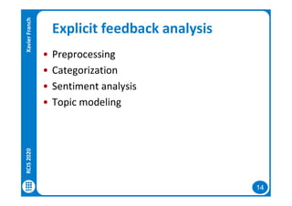 14
Explicit feedback analysis
• Preprocessing
• Categorization
• Sentiment analysis
• Topic modeling
RCIS2020XavierFranch
 