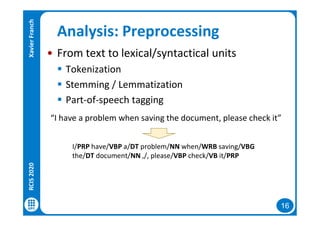 16
Analysis: Preprocessing
• From text to lexical/syntactical units
 Tokenization
 Stemming / Lemmatization
 Part-of-speech tagging
“I have a problem when saving the document, please check it”
I/PRP have/VBP a/DT problem/NN when/WRB saving/VBG
the/DT document/NN ,/, please/VBP check/VB it/PRP
RCIS2020XavierFranch
 