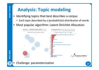 20
Analysis: Topic modeling
• Identifying topics that best describes a corpus
 Each topic described by a (probabilistic) distribution of words
• Most popular algorithm: Latent Dirichlet Allocation
• Challenge: parameterization
RCIS2020XavierFranch
 