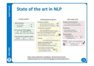 23
State of the art in NLP
https://www.slideshare.net/alessio_ferrari/requirements-
engineering-focus-on-natural-language-processing-lecture-2
RCIS2020XavierFranch
 