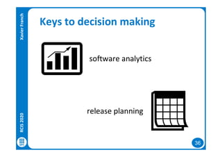36
Keys to decision making
software analytics
release planning
RCIS2020XavierFranch
 