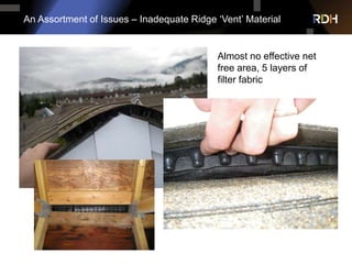 An Assortment of Issues – Inadequate Ridge ‘Vent’ Material
Almost no effective net
free area, 5 layers of
filter fabric
 