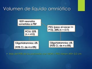 1859 neonatos
sometidos a PBF
RCIU: 22%
(n = 410)
PEG (peso al nacer <=
P10). 28% (n = 517)
Oligohidramnios: 6%
(95% CI, de 4 a 8%)
Oligohidramnios: 6%
(95% CI, de 4 a 8%)
Volumen de líquido amniótico
• Más del 90% de los pacientes con IUGR o PEG tienen AFI> 5,0 cm
 
