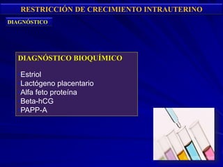 RESTRICCIÓN DE CRECIMIENTO INTRAUTERINO
DIAGNÓSTICO
DIAGNÓSTICO BIOQUÍMICO
•Estriol
•Lactógeno placentario
•Alfa feto proteína
•Beta-hCG
•PAPP-A
 