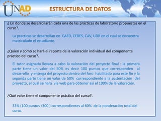 ¿ En donde se desarrollarán cada una de las prácticas de laboratorio propuestas en el curso?.La practicas se desarrollan en  CAED, CERES, CAV, UDR en el cual se encuentra matriculado el estudiante.¿Quien y como se hará el reporte de la valoración individual del componente práctico del curso?. El tutor asignado llevara a cabo la valoración del proyecto final : la primera parte tiene un valor del 50% es decir 100 puntos que corresponden  al desarrollo  y entrega del proyecto dentro del foro  habilitado para este fin y la segunda parte tiene un valor de 50%  correspondiente a la sustentación  del proyecto, el cual se hará  vía web para obtener así el 100% de la valoración.¿Qué valor tiene el componente práctico del curso?. 33% (100 puntos /300 ) correspondientes al 60%  de la ponderación total del curso.