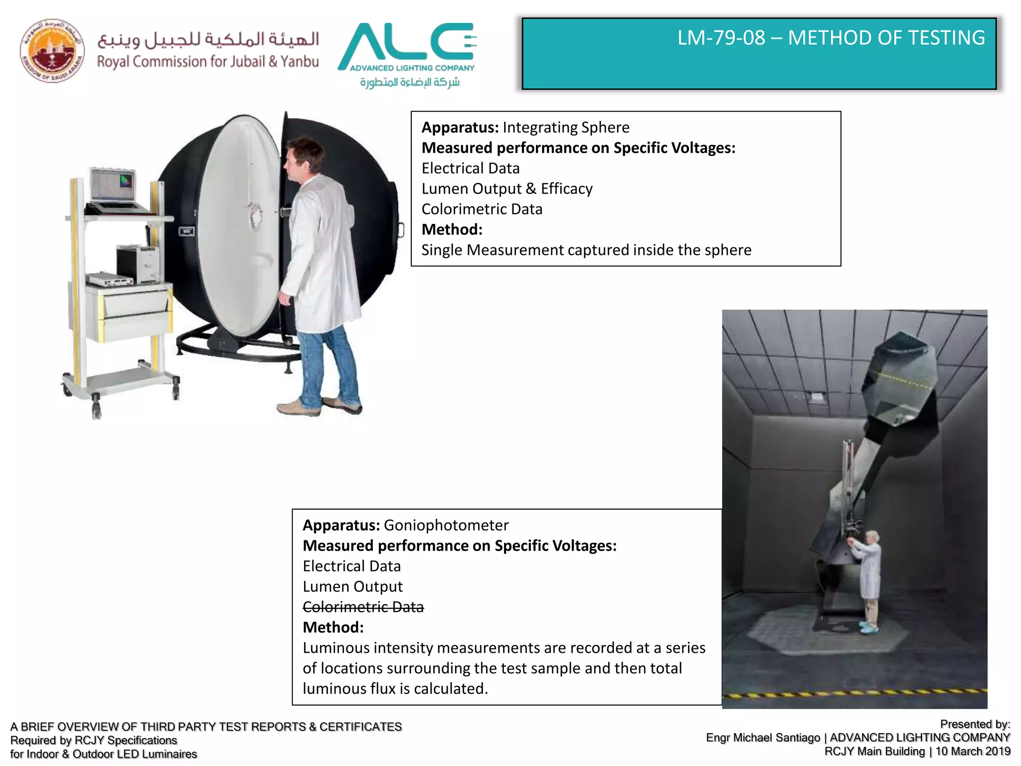 A BRIEF OVERVIEW OF THIRD PARTY TEST REPORTS & CERTIFICATES
Required by RCJY Specifications
for Indoor & Outdoor LED Luminaires
Presented by:
Engr Michael Santiago | ADVANCED LIGHTING COMPANY
RCJY Main Building | 10 March 2019
LM-79-08 – METHOD OF TESTING
Apparatus: Goniophotometer
Measured performance on Specific Voltages:
Electrical Data
Lumen Output
Colorimetric Data
Method:
Luminous intensity measurements are recorded at a series
of locations surrounding the test sample and then total
luminous flux is calculated.
Apparatus: Integrating Sphere
Measured performance on Specific Voltages:
Electrical Data
Lumen Output & Efficacy
Colorimetric Data
Method:
Single Measurement captured inside the sphere
 