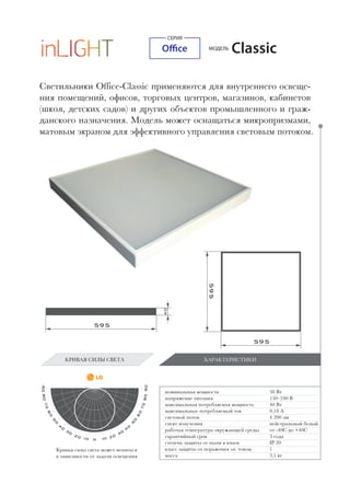 ClassicМОДЕЛЬ
Светильники Office-Classic применяются для внутреннего освеще-
ния помещений, офисов, торговых центров, магазинов, кабинетов
(школ, детских садов) и других объектов промышленного и граж-
данского назначения. Модель может оснащаться микропризмами,
матовым экраном для эффективного управления световым потоком.
номинальная мощность
напряжение питания
максимальная потребляемая мощность
максимальные потребляемый ток
световой поток
спект излучения
рабочая температура окружающей среды
гарантийный срок
степень защиты от пыли в влаги
класс защиты от поражения эл. током
масса
38 Вт
150–240 В
40 Вт
0,18 А
4 200 лм
нейстральный белый
от -40С до +40С
3 года
IP 20
1
3,1 кг
ХАРАКТЕРИСТИКИ
Кривая силы света может меняться
в зависимости от задачи освещения
КРИВАЯ СИЛЫ СВЕТА ХАРАКТЕРИСТИКИ
СЕРИЯ
Office
 