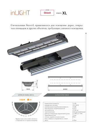 Светильники Street-L применяются для освещение дорог, откры-
тых площадок и других объектов, требующих уличного освещения.
номинальная мощность
напряжение питания
максимальная потребляемая мощность
максимальные потребляемый ток
световой поток
спект излучения
рабочая температура окружающей среды
гарантийный срок
степень защиты от пыли в влаги
класс защиты от поражения эл. током
масса
114 Вт
150–240 В
116 Вт
0,52 А
13 500 лм
нейстральный белый
от -60С до +50С
3 года
IP 66
1
6,38 кг
ХАРАКТЕРИСТИКИ
Кривая силы света может меняться
в зависимости от задачи освещения
КРИВАЯ СИЛЫ СВЕТА ХАРАКТЕРИСТИКИ
СЕРИЯ
Street XLМОДЕЛЬ
 