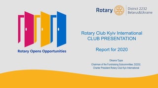 Rotary Club Kyiv International
CLUB PRESENTATION
Report for 2020
Oksana Tjupa
Chairman of the Fundraising Subcommittee, D2232,
Charter President Rotary Club Kyiv International
 