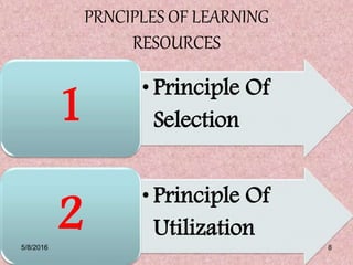 PRNCIPLES OF LEARNING
RESOURCES
• Principle Of
Selection1
• Principle Of
Utilization25/8/2016 8
 