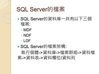 SQL Server的檔案
 SQL Server的資料庫一共有以下三個
檔案:
◦ MDF
◦ NDF
◦ LDF
 SQL Server的檔案架構:
執行個體->資料庫->檔案群組->資料檔
案->資料表->資料欄位/資料列
 