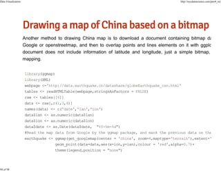 Data Visualization

94 of 98

http://nycdatascience.com/part4_en/

library(ggmap)
library(XML)
webpage <-'http://data.earthquake.cn/datashare/globeEarthquake_csn.html'
tables <- readHTMLTable(webpage,stringsAsFactors = FALSE)
raw <- tables[[6]]
data <- raw[,c(1,3,4)]
names(data) <- c('date','lan','lon')
data$lan <- as.numeric(data$lan)
data$lon <- as.numeric(data$lon)
data$date <- as.Date(data$date, "%Y-%m-%d")
#Read the map data from Google by the ggmap package, and mark the previous data on the
earthquake <- ggmap(get_googlemap(center = 'china', zoom=4,maptype='terrain'),extent='
geom_point(data=data,aes(x=lon,y=lan),colour = 'red',alpha=0.7)+
theme(legend.position = "none")

 