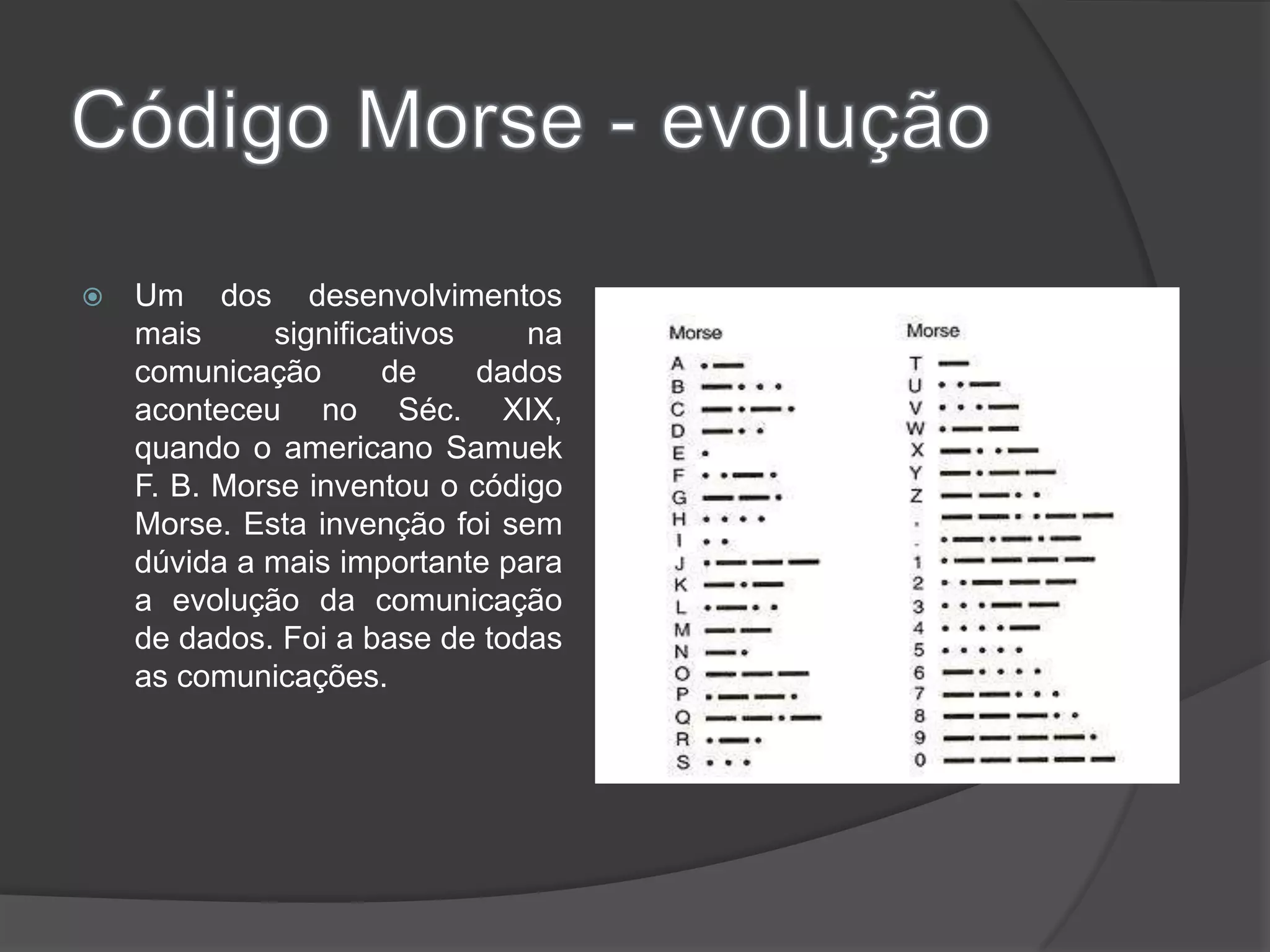 Código Morse - evoluçãoUm dos desenvolvimentos mais significativos na comunicação de dados aconteceu no Séc. XIX, quando o americano Samuek F. B. Morse inventou o código Morse. Esta invenção foi sem dúvida a mais importante para a evolução da comunicação de dados. Foi a base de todas as comunicações.