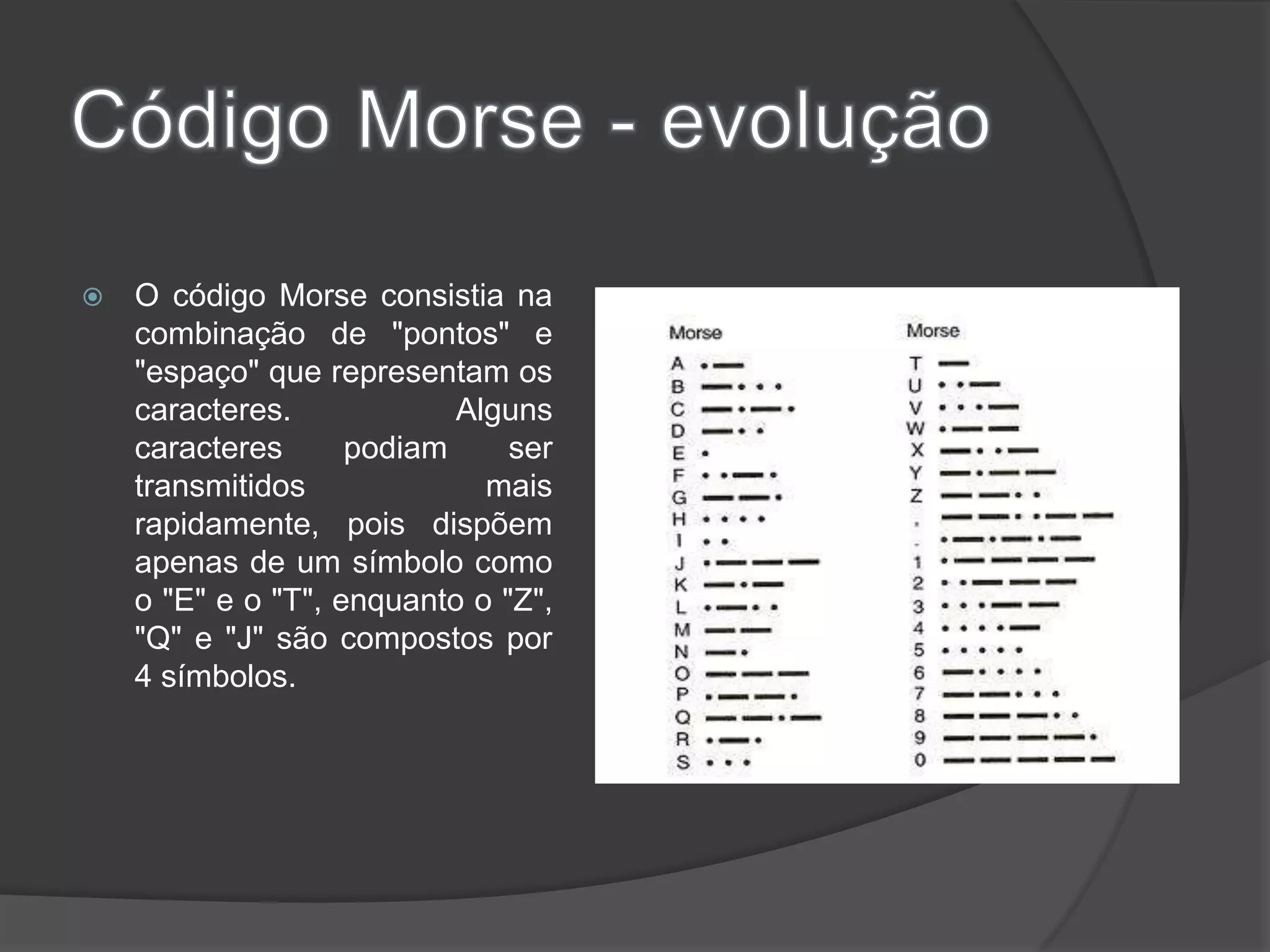 Código Morse - evoluçãoO código Morse consistia na combinação de "pontos" e "espaço" que representam os caracteres. Alguns caracteres podiam ser transmitidos mais rapidamente, pois dispõem apenas de um símbolo como o "E" e o "T", enquanto o "Z", "Q" e "J" são compostos por 4 símbolos.