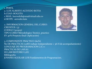 1. PERFIL
a. LUIS ALBERTO ACEVEDO BOTIA
b.CEAD: BOGOTA
c.MAIL: lacevedob@unadvirtual.edu.co
d.SKYPE: acevedo.luis1

2. INFORMACION GENERAL DEL CURSO:
CREDITOS (3)
CODIGO (301305)
TIPO CURSO Metodologico Teorico_practico
EV 40% Proyecto final (Aplicación)

3. COMPONENTE PRACTICO (60%)
No DE PRACTICAS (108H trabajo Independiente + 36 H de acompañamiento)
LENGUAJE DE PROGRAMACION C/C++
PRACTICAS DE LAB (6)
IH LABORATORIO (2H)
Bibliografia
JOYANES AGUILAR LUIS Fundamentos de Programacion.
 