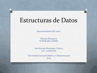 Estructuras de Datos
            Reconocimiento del curso


                Hermes Mosquera
               TUTOR DEL CURSO


         Luis Ernesto Bocanegra Valcero
                C.C: 1121822429

  Universidad nacional abierta y a distancia unad
                      2012
 