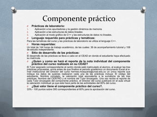 Componente práctico
O    Prácticas de laboratorio:
1.     Aplicación a los apuntadores y la gestión dinámica de memoria
2.     Aplicación a las estructuras de datos lineales
3.     Aplicación al modo gráfico de C++ y las estructuras de datos no lineales.
O Lenguaje requerido para prácticas y temáticas:
Para las temáticas del curso y las prácticas de laboratorio se utiliza el lenguaje C++.
O Horas requeridas:
Un total de 144 horas de trabajo académico, de las cuales: 36 de acompañamiento tutorial y 108
de estudio independiente.
O Sitio de desarrollo de las prácticas:
El desarrollo de las prácticas se lleva a cabo en el CEAD en donde el estudiante haya efectuado
su matrícula.
O ¿Quien y como se hará el reporte de la nota individual del componente
     práctico del curso realizado en su CEAD?
El Tutor asignado correspondiente al centro donde esté matriculado el alumno, al evaluar las tres
prácticas propuestas, envía antes de que finalice el periodo académico un documento Excel al e-
mail institucional del Director del curso hermes.mosquera@unad.edu.co un único reporte que
indique los datos de quienes realizaron cada una de las prácticas incluya: El código del
estudiante, Nombre completo, la valoración total equivalente a la sumatoria de las tres
prácticas, Nombre del CENTRO y el nombre del Tutor encargado. Una vez reciba el reporte de
cada Tutor encargado del componente práctico, el Director del curso publicará en el aula virtual
la valoración individual ya que este hace parte de las actividades del 60% del curso.
O ¿Qué valor tiene el componente práctico del curso?.
33% - 100 puntos sobre 300 correspondientes al 60% para la aprobación del curso.
 