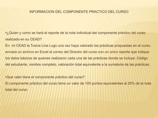 INFORMACION DEL COMPONENTE PRACTICO DEL CURSO




•¿Quien y como se hará el reporte de la nota individual del componente práctico del curso
realizado en su CEAD?
En mi CEAD la Tutora Lina Lugo una vez haya valorado las prácticas propuestas en el curso,
enviara un archivo en Excel al correo del Director del curso con un único reporte que indique
los datos básicos de quienes realizaron cada una de las prácticas donde se incluye: Código
del estudiante, nombre completo, valoración total equivalente a la sumatoria de las prácticas.


•Que valor tiene el componente práctico del curso?
El componente práctico del curso tiene un valor de 100 puntos equivalentes al 20% de la nota
total del curso.
 