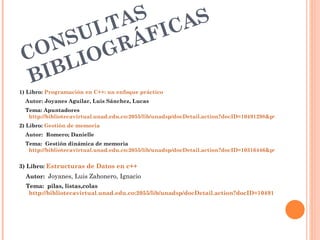 AS CAS
        LT FI
      SU RÁ
 C ON IOG
  BI BL
1) Libro: Programación en C++: un enfoque práctico
  Autor: Joyanes Aguilar, Luis Sánchez, Lucas
  Tema: Apuntadores
   http://bibliotecavirtual.unad.edu.co:2055/lib/unadsp/docDetail.action?docID=10491298&p00=apuntadores
2) Libro: Gestión de memoria
  Autor: Romero; Danielle
  Tema: Gestión dinámica de memoria
   http://bibliotecavirtual.unad.edu.co:2055/lib/unadsp/docDetail.action?docID=10316446&p00=gesti%C3%B3n


3) Libro: Estructuras de Datos en c++
  Autor: Joyanes, Luis Zahonero, Ignacio
  Tema: pilas, listas,colas
   http://bibliotecavirtual.unad.edu.co:2055/lib/unadsp/docDetail.action?docID=10491301&p00=operac
 