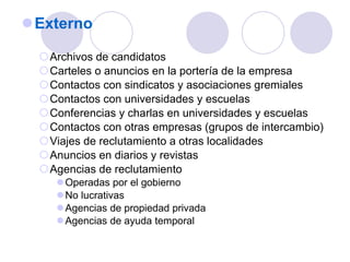 Externo Archivos de candidatos Carteles o anuncios en la portería de la empresa Contactos con sindicatos y asociaciones gremiales Contactos con universidades y escuelas Conferencias y charlas en universidades y escuelas Contactos con otras empresas (grupos de intercambio) Viajes de reclutamiento a otras localidades Anuncios en diarios y revistas Agencias de reclutamiento Operadas por el gobierno No lucrativas Agencias de propiedad privada Agencias de ayuda temporal 