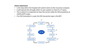 





Claims Submission
• is the step where the hospital will submit claims to the insurance company
• It will execute this through either its own systems or that of a 3rd party.
• This is where it is important to have the correct codes for ICD procedures or
HCPCS (CPT) codes.
• If an EDI transaction is used, the EDI transaction type is the 837.
 