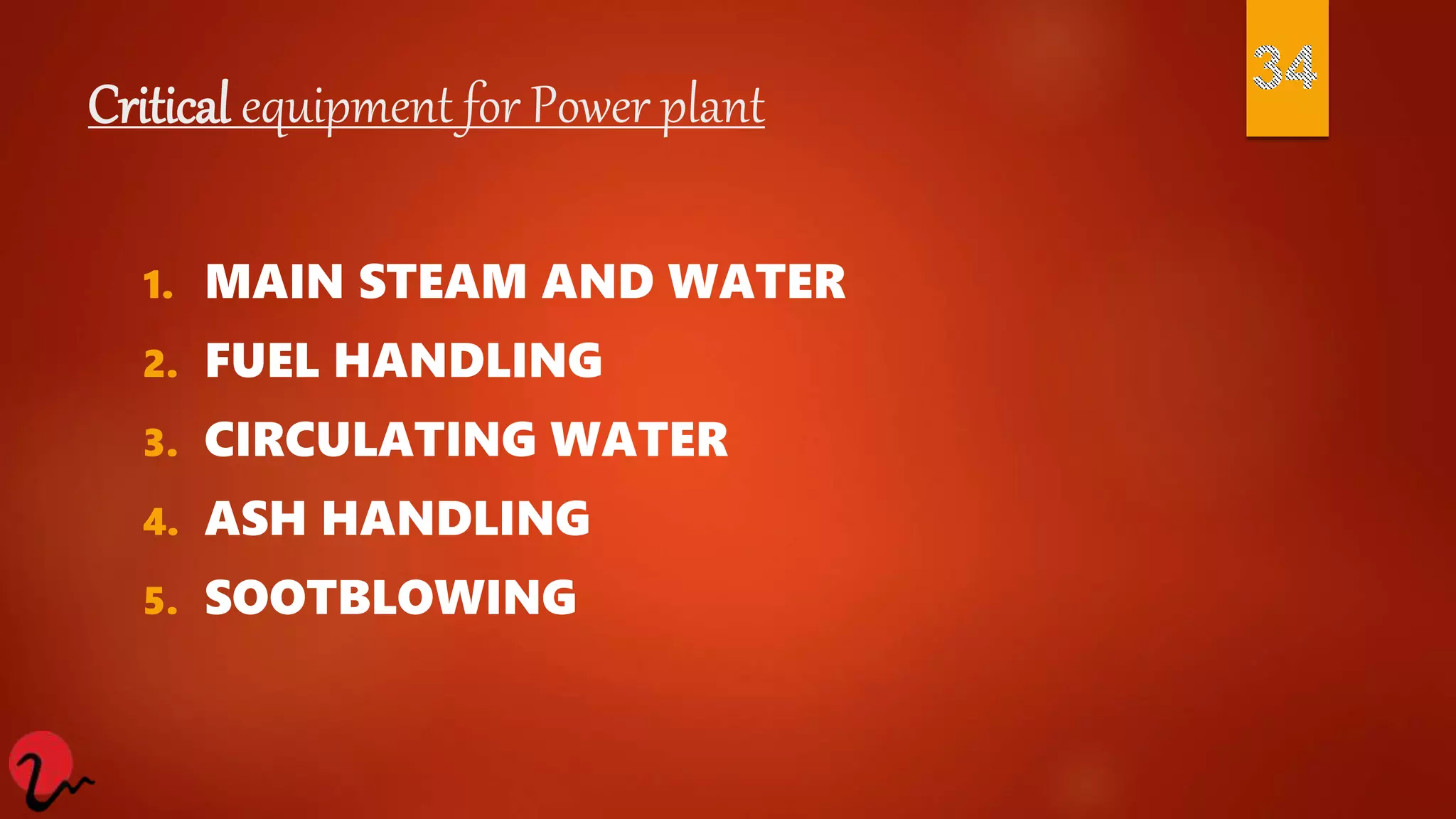 Critical equipment for Power plant
1. MAIN STEAM AND WATER
2. FUEL HANDLING
3. CIRCULATING WATER
4. ASH HANDLING
5. SOOTBLOWING
 