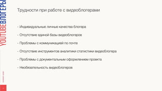 Трудности при работе с видеоблогерами
11
- Индивидуальные личные качества блогера
- Отсутствие единой базы видеоблогеров
- Проблемы с коммуникацией по почте
- Отсутствие инструментов аналитики статистики видеоблогера
- Проблемы с документальным оформлением проекта
- Необязательность видеоблогеров
 