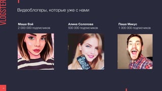 Видеоблогеры, которые уже с нами
19
Маша Вэй
2 000 000 подписчиков
Алина Солопова
500 000 подписчиков
Паша Микус
1 000 000 подписчиков
 