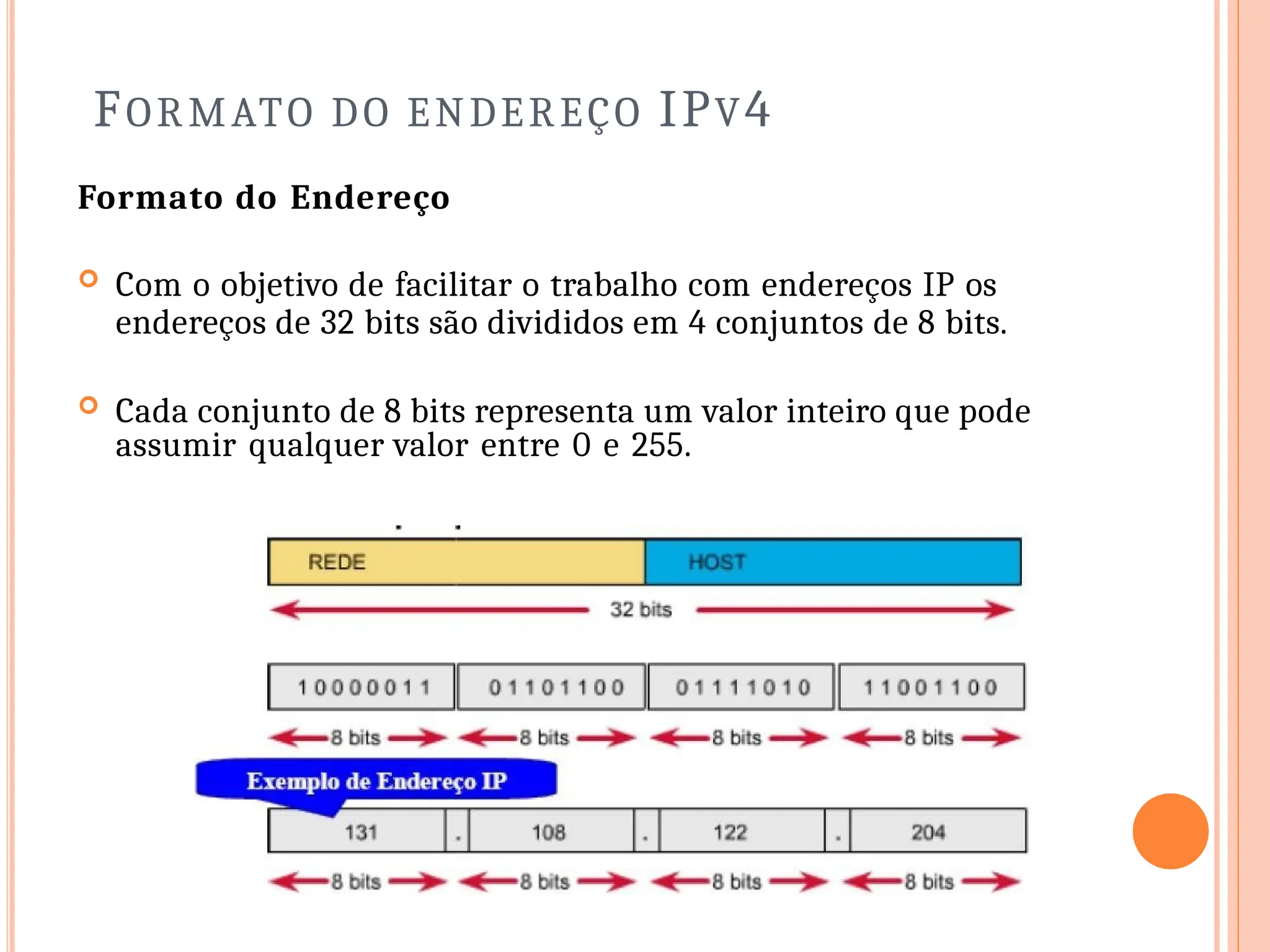 FORMATO DO ENDEREÇO IPV4
Formato do Endereço
 Com o objetivo de facilitar o trabalho com endereços IP os
endereços de 32 bits são divididos em 4 conjuntos de 8 bits.
 Cada conjunto de 8 bits representa um valor inteiro que pode
assumir qualquer valor entre 0 e 255.
 