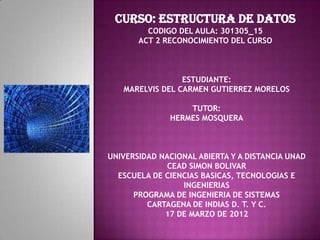 CURSO: ESTRUCTURA DE DATOS
         CODIGO DEL AULA: 301305_15
       ACT 2 RECONOCIMIENTO DEL CURSO



                 ESTUDIANTE:
   MARELVIS DEL CARMEN GUTIERREZ MORELOS

                  TUTOR:
              HERMES MOSQUERA



UNIVERSIDAD NACIONAL ABIERTA Y A DISTANCIA UNAD
              CEAD SIMON BOLIVAR
  ESCUELA DE CIENCIAS BASICAS, TECNOLOGIAS E
                 INGENIERIAS
      PROGRAMA DE INGENIERIA DE SISTEMAS
         CARTAGENA DE INDIAS D. T. Y C.
             17 DE MARZO DE 2012
 