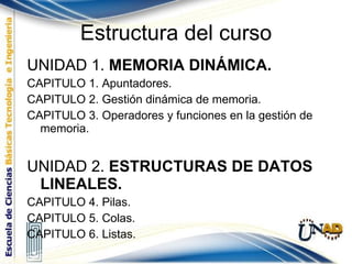 Estructura del curso UNIDAD 1.  MEMORIA DINÁMICA. CAPITULO 1. Apuntadores. CAPITULO 2. Gestión dinámica de memoria. CAPITULO 3. Operadores y funciones en la gestión de memoria. UNIDAD 2.  ESTRUCTURAS DE DATOS LINEALES. CAPITULO 4. Pilas. CAPITULO 5. Colas. CAPITULO 6. Listas. 