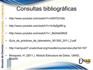 Consultas bibliográficas http://www.youtube.com/watch?v=i4ZATjVrQls http://www.youtube.com/watch?v=4v5q5jpfW-g http://www.youtube.com/watch?v=_BeXdaG6fcE Guía_de_prácticas_de_laboratorio_301305_2011_2.pdf http://campus07.unadvirtual.org/moodle/course/view.php?id=107 Mosquera, H. (2011.). Modulo Estructura de Datos. UNAD, Bogotá 